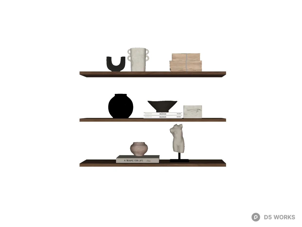 Minimalist Floating Wooden Shelves with Decor 3d model thumbnail 2
