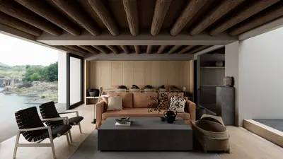 Rustic Modern Open Living Room With Exposed Beams 3d model