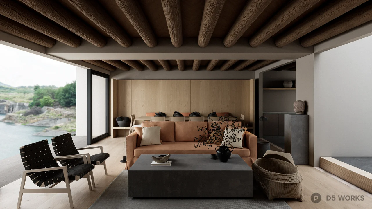 Rustic Modern Open Living Room With Exposed Beams 3d model - Image 1