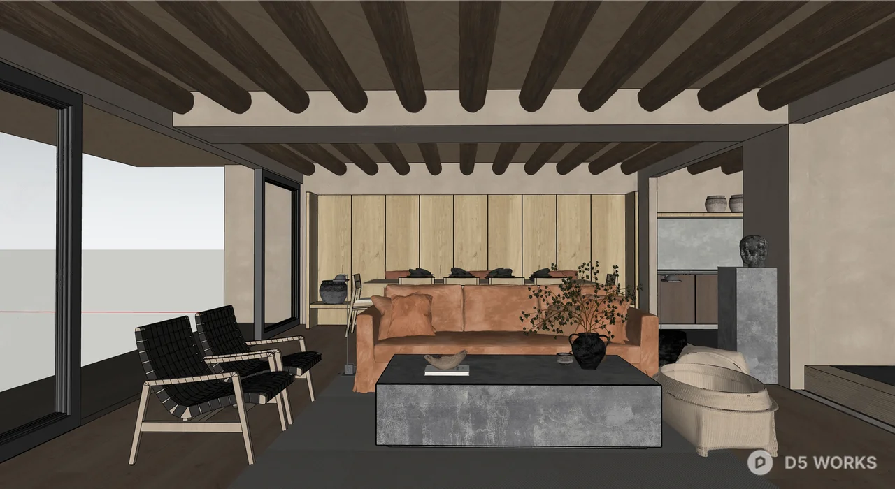 Rustic Modern Open Living Room With Exposed Beams 3d model thumbnail 3