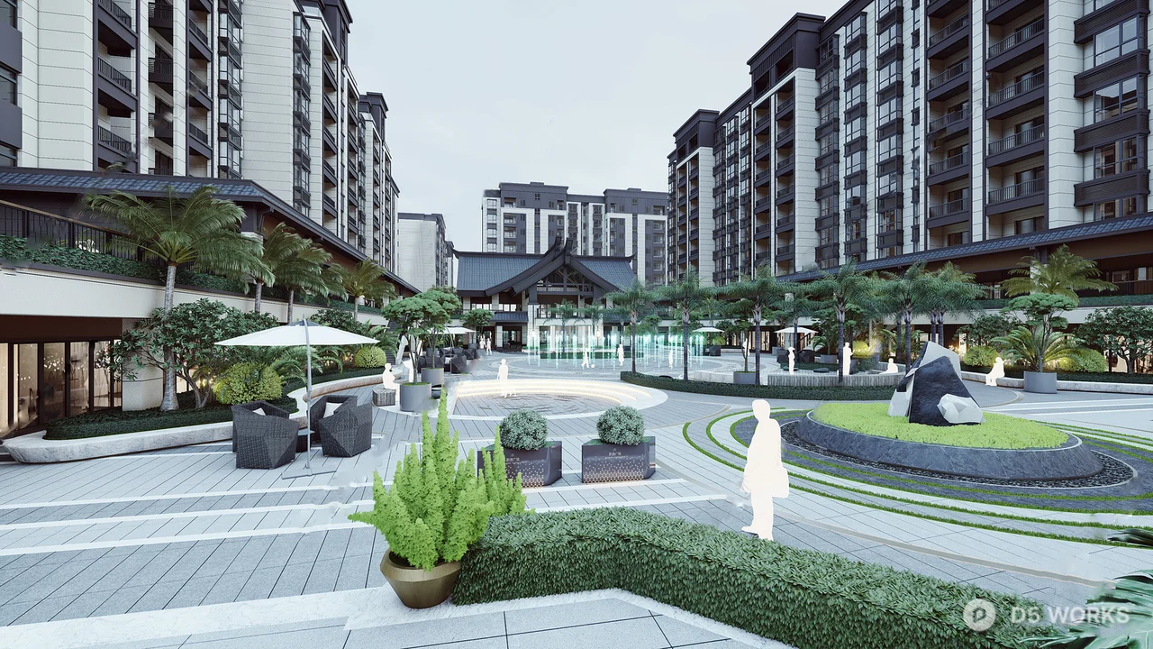 Rooftop Garden With Circular Water Features 3d model thumbnail 2