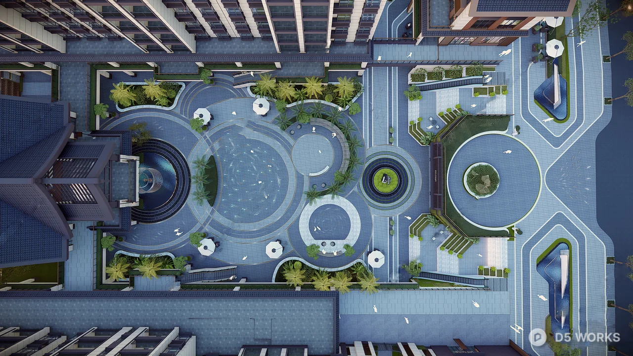 Rooftop Garden With Circular Water Features 3d model - Image 1