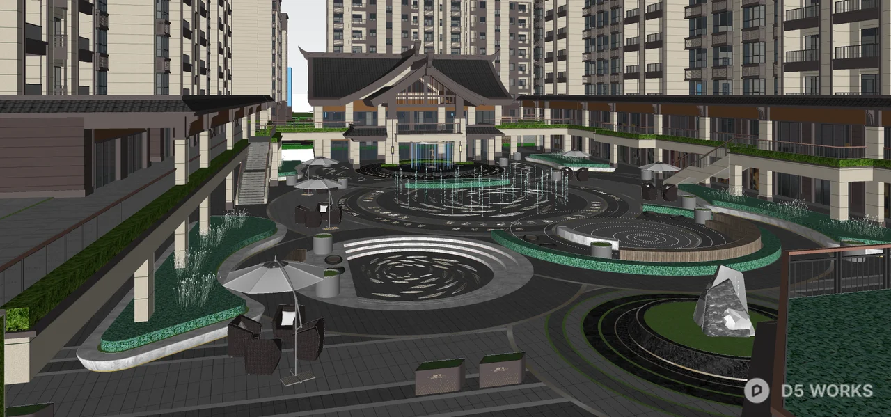 Rooftop Garden With Circular Water Features 3d model thumbnail 6