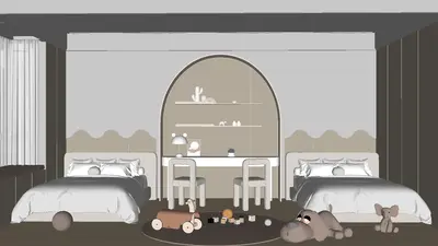 Minimalist Dual-Bed Children's Room With Play Area 3d model