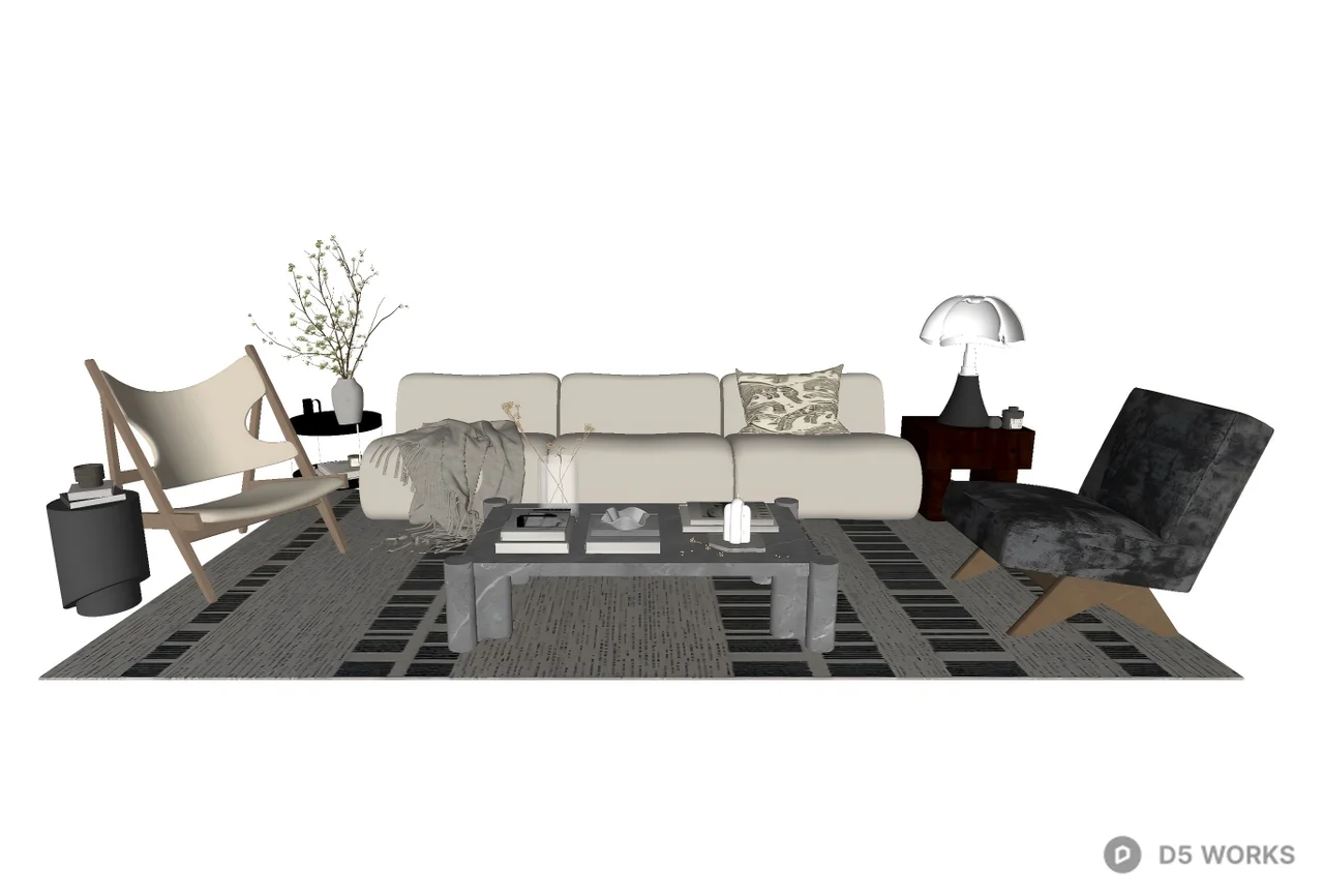 Modern Mid-Century Living Room Furniture Set 3d model thumbnail 2