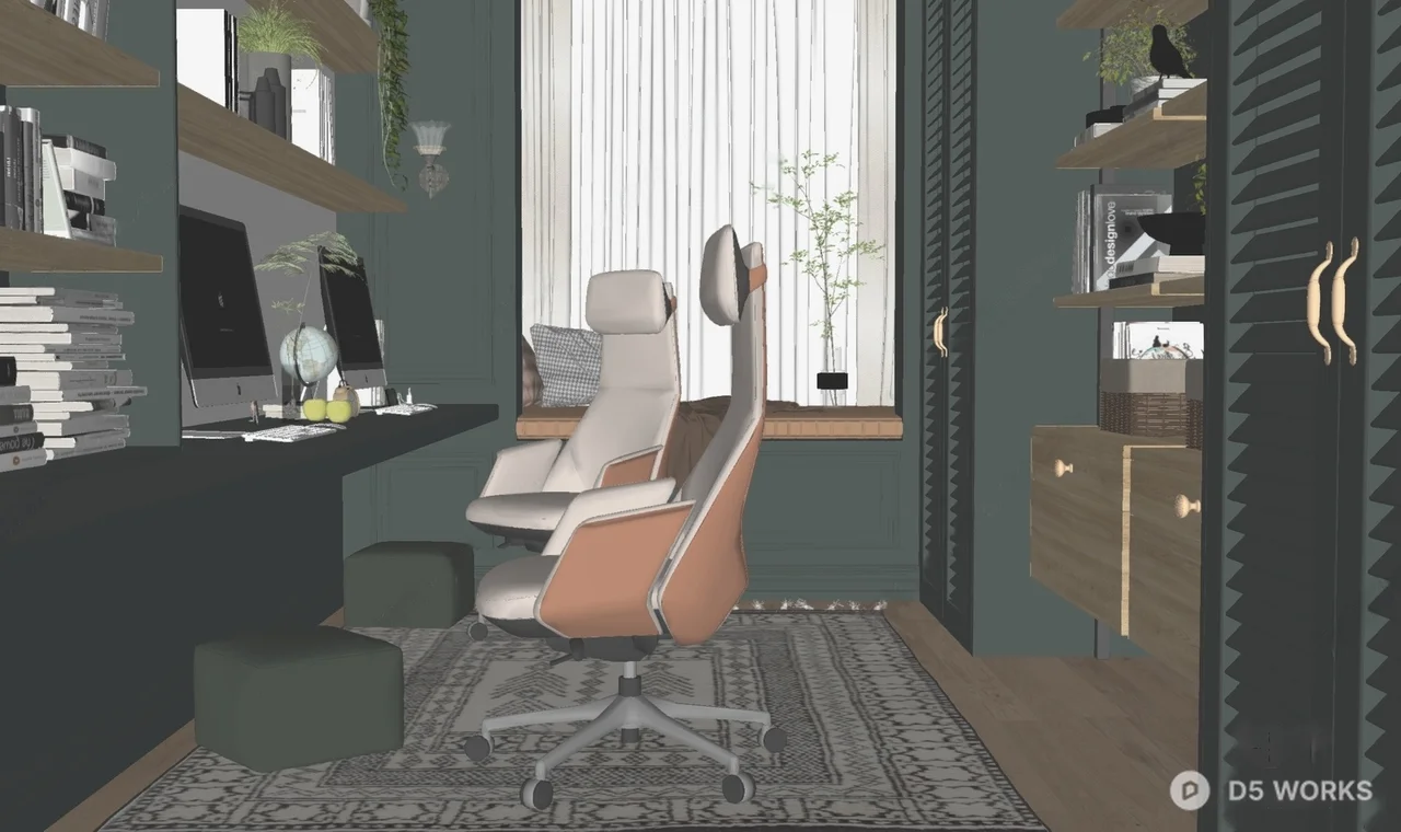 Modern Minimalist Study Room With Built-In Shelving And Accent Rug 3d model thumbnail 2