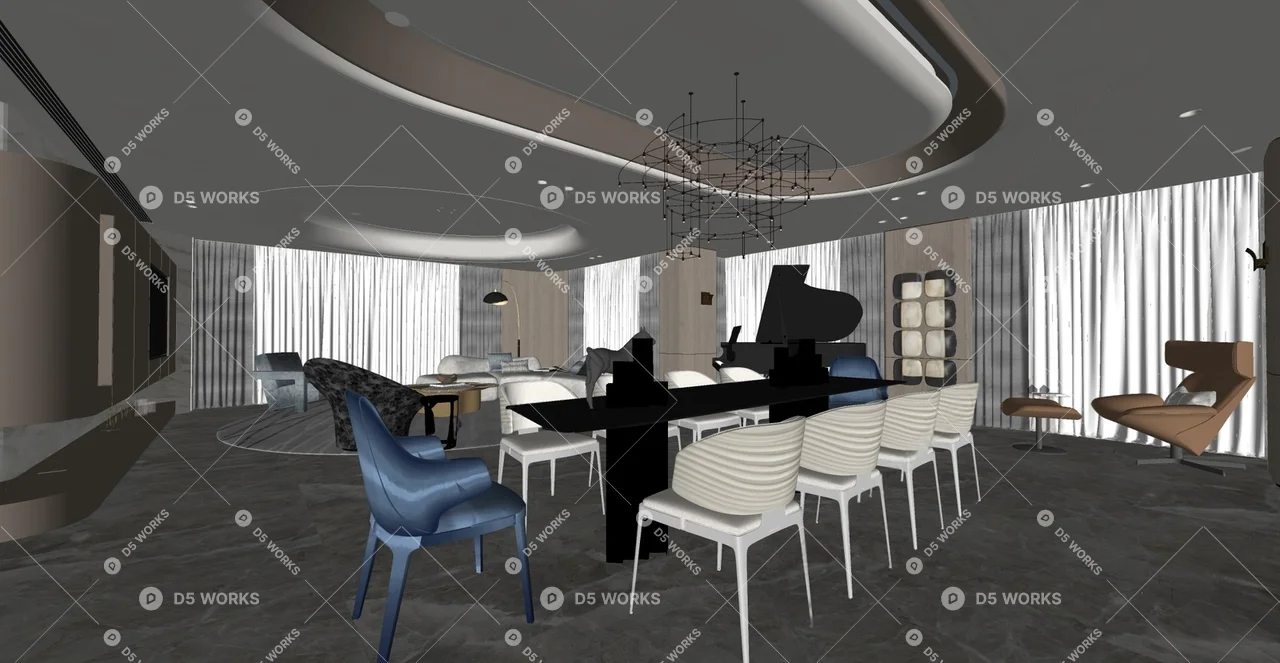 Modern Living & Dining Room 3d model thumbnail 3