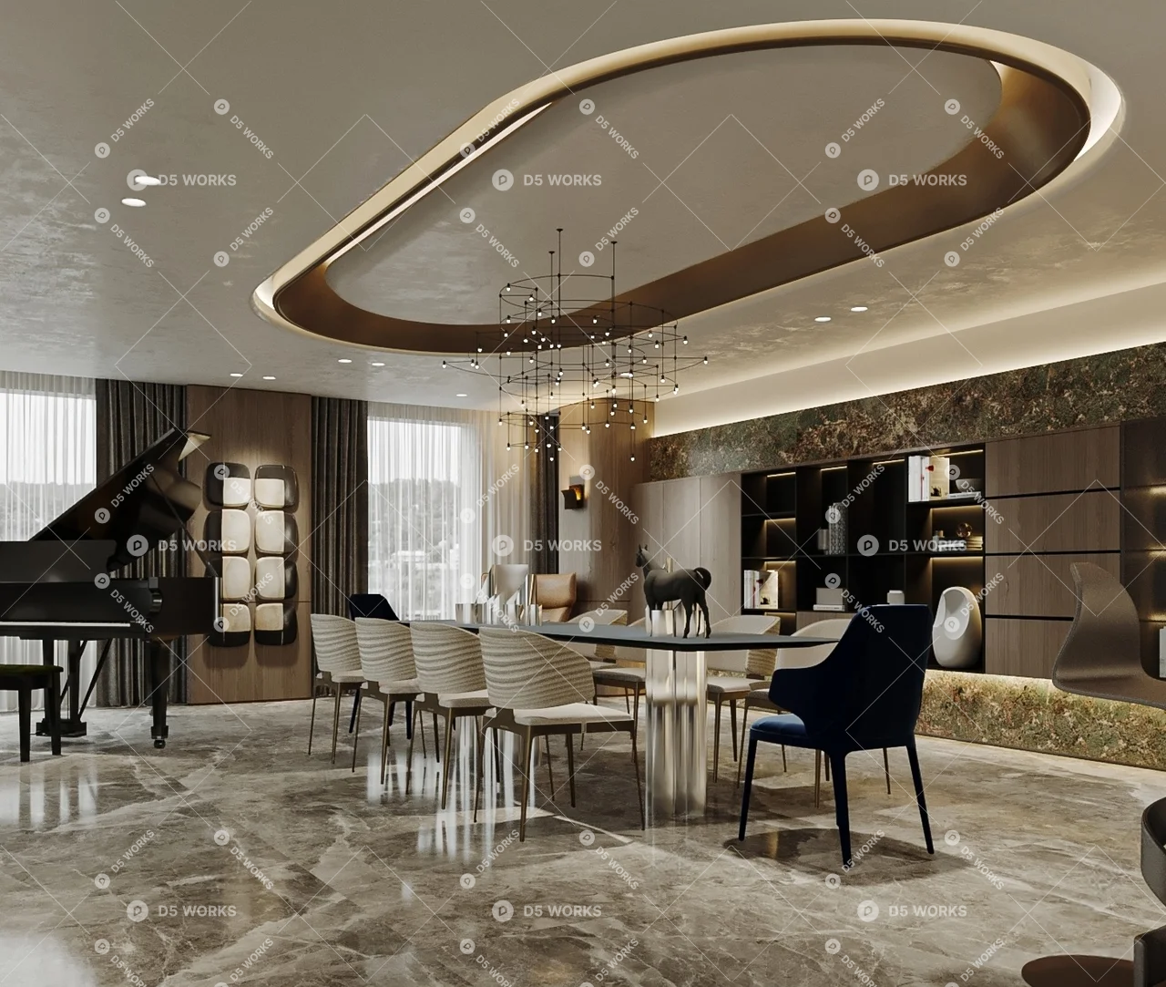 Modern Living & Dining Room 3d model thumbnail 2