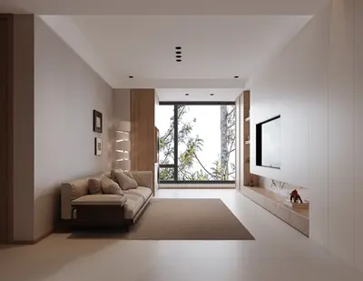 Minimalist Living Room With Large Window View 3d model