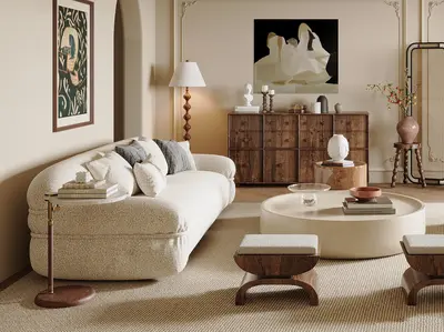 Creamy Minimalist Living Room With Curved Sofa 3d model