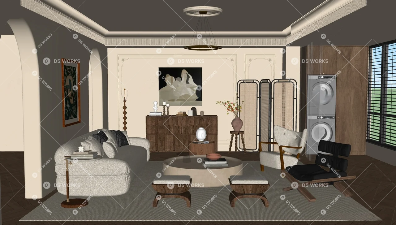 Creamy Home Living Room 3d model thumbnail 3