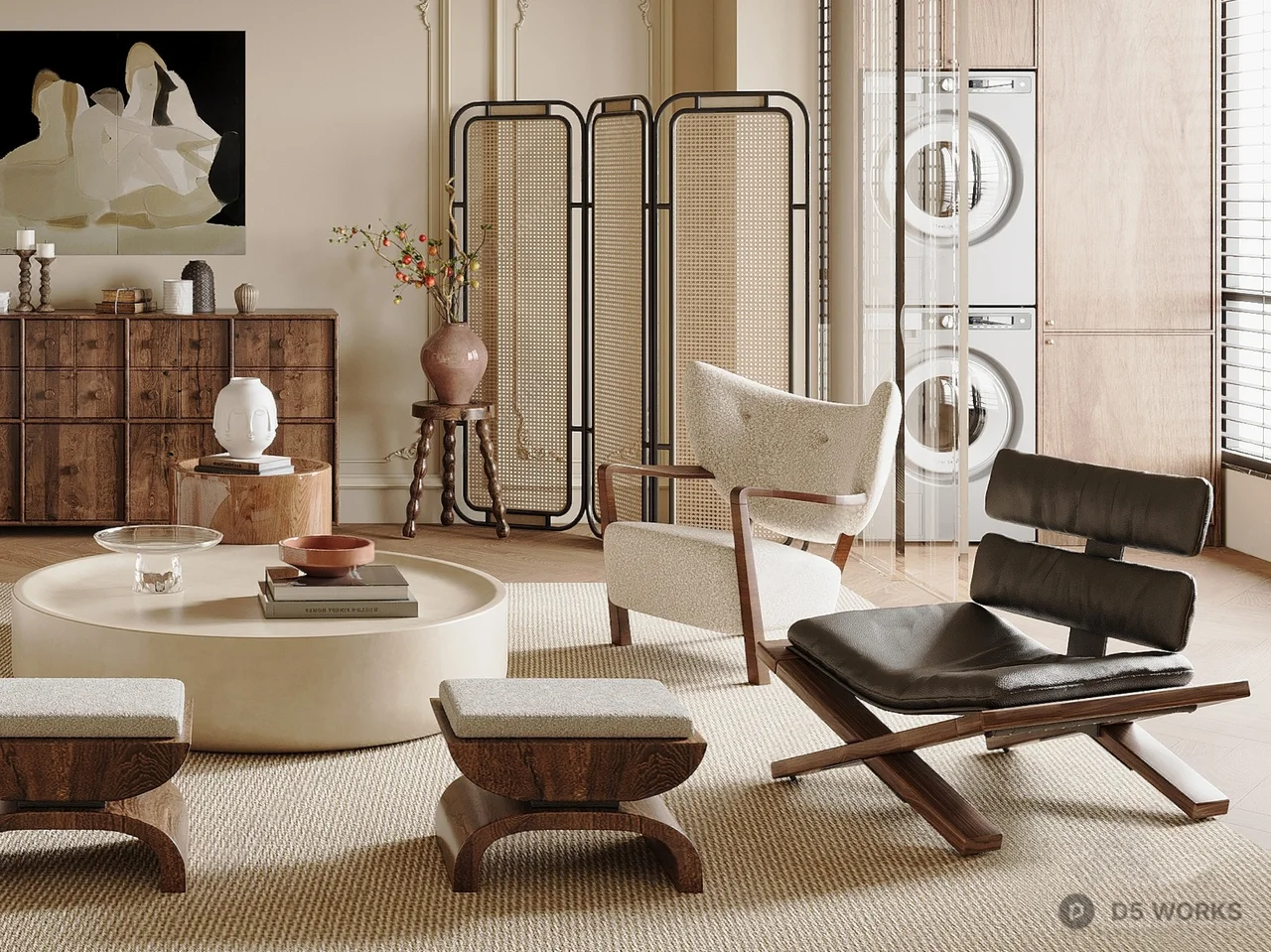 Creamy Minimalist Living Room With Curved Sofa 3d model thumbnail 2