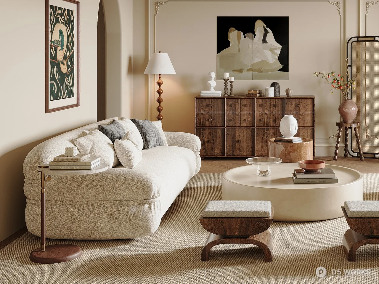 Creamy Minimalist Living Room With Curved Sofa 3d model - Image 1