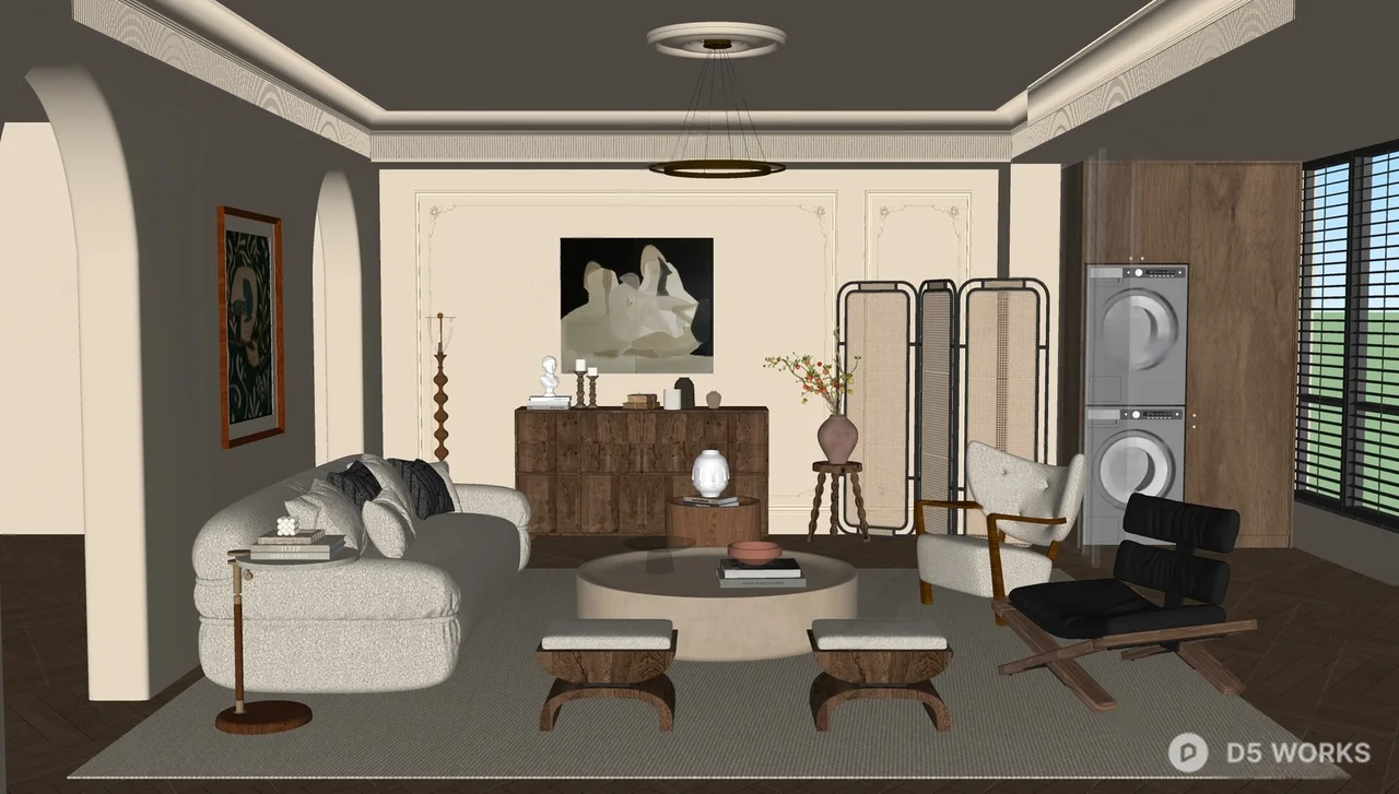 Creamy Minimalist Living Room With Curved Sofa 3d model thumbnail 3