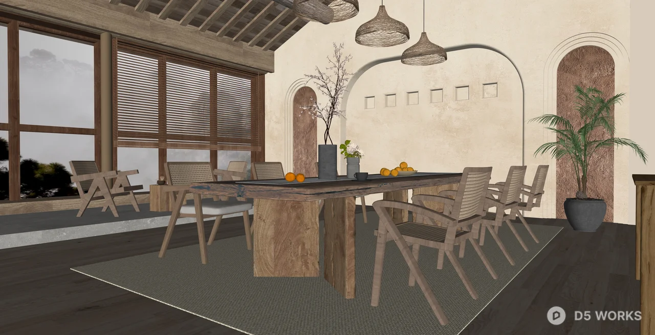 Wabi-Sabi Zen Dining Room Interior Scene 3d model thumbnail 2