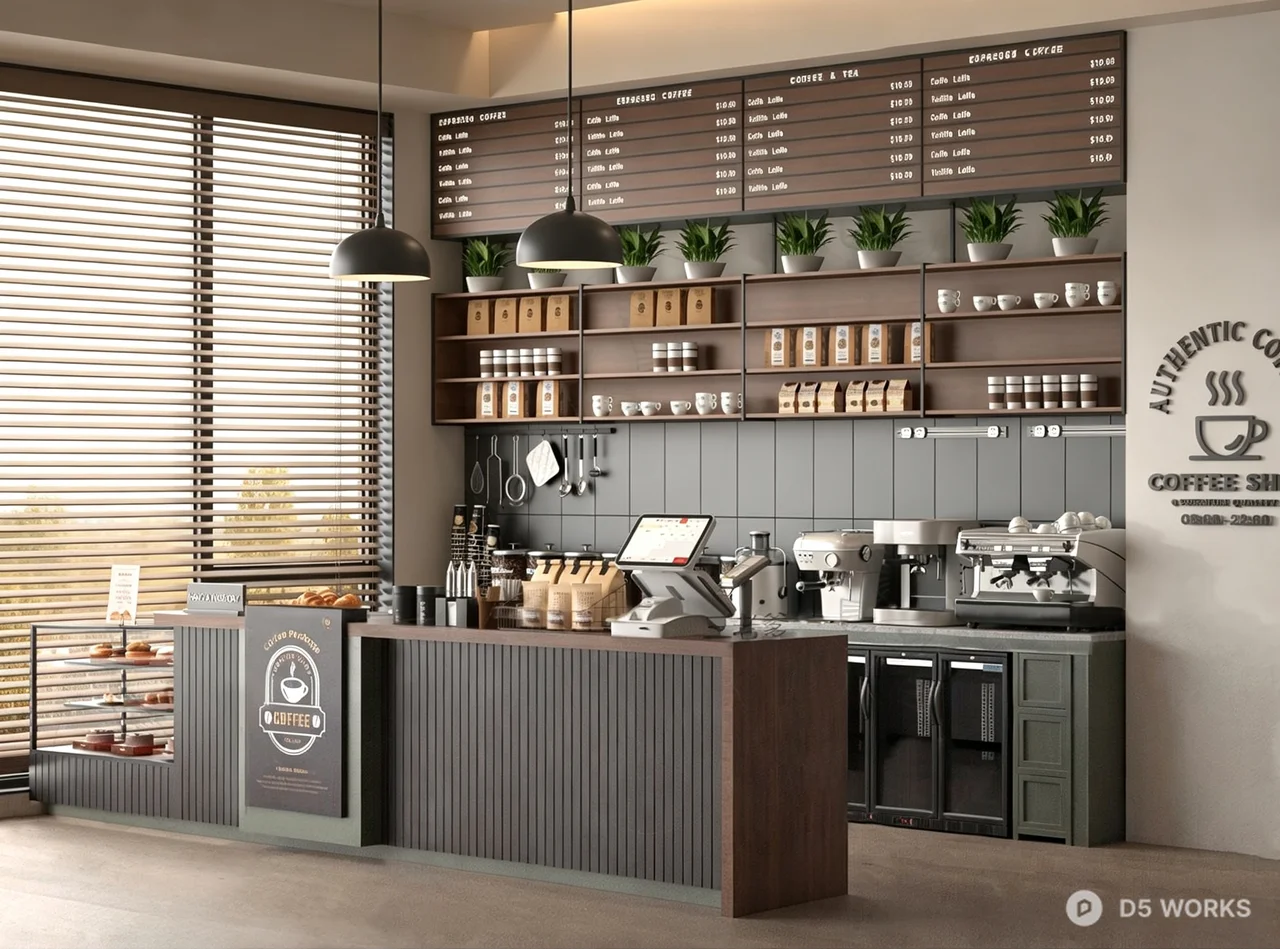 Modern Industrial Coffee Shop Counter Interior 3d model - Image 1
