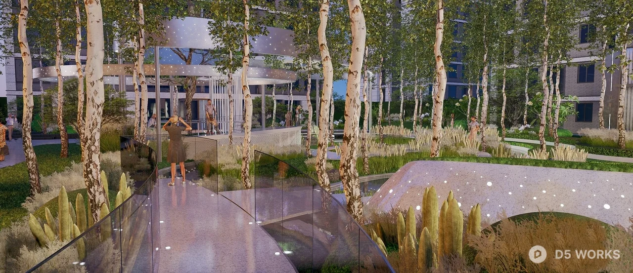 Modern Birch Grove Courtyard With Glass Walkway 3d model - Image 1