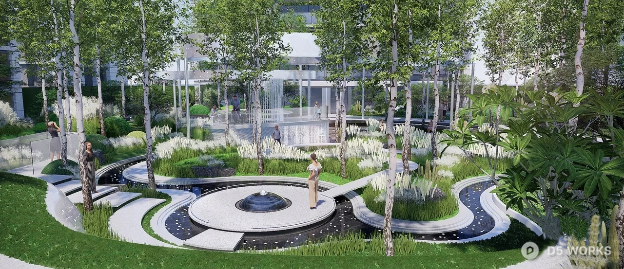 Modern Birch Grove Courtyard With Glass Walkway 3d model thumbnail 2