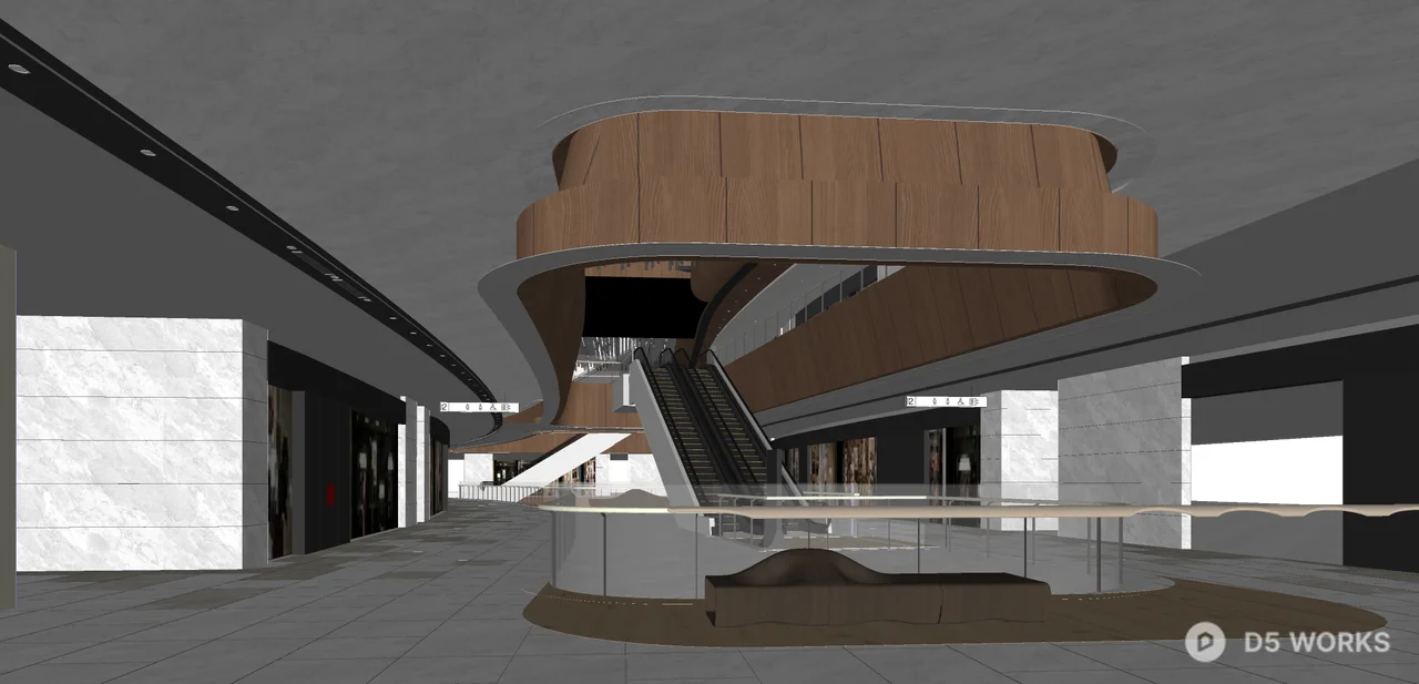 Modern Mall Atrium with Escalators and Balloon Sculptures 3d model thumbnail 2