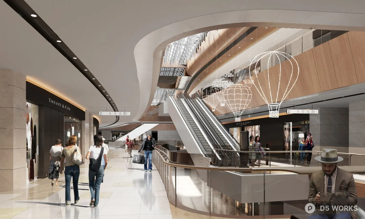 Modern Mall Atrium with Escalators and Balloon Sculptures 3d model - Image 1