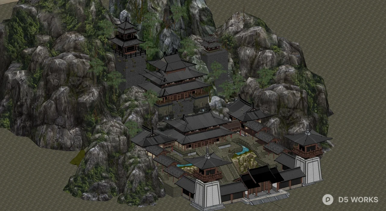Ancient Chinese Mountain Temple Complex 3d model thumbnail 3