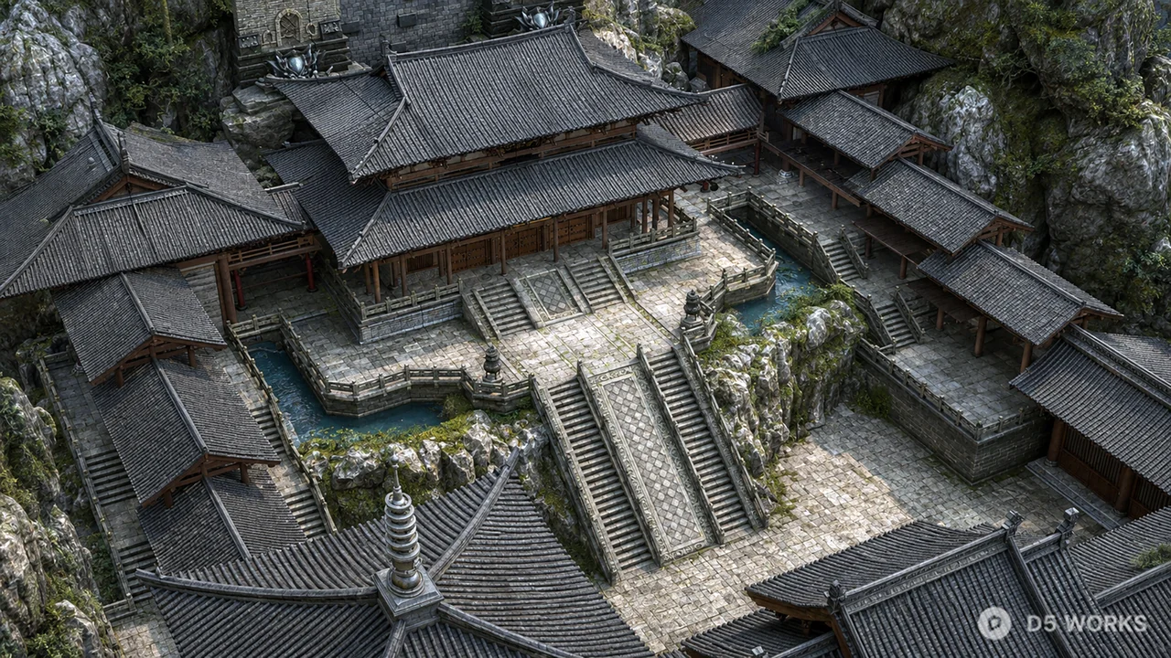 Ancient Chinese Mountain Temple Complex 3d model thumbnail 4
