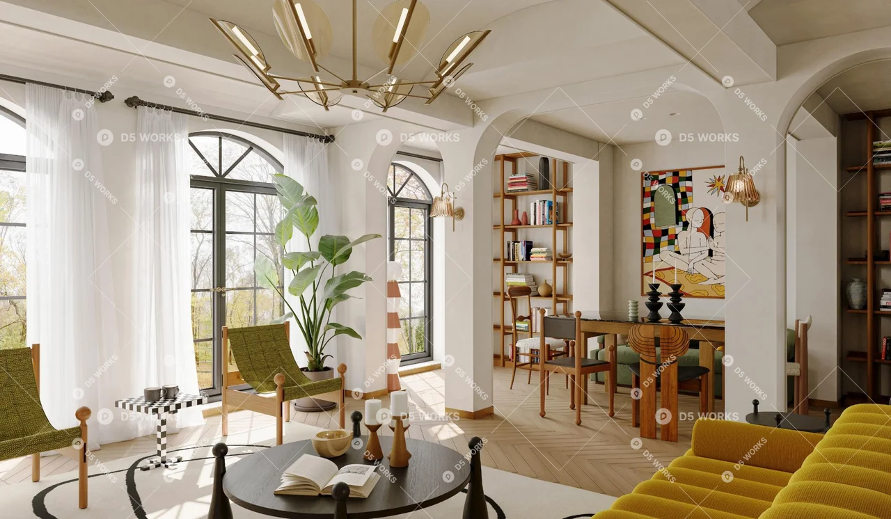 Mid-Century Modern Living & Dining Room 3d model thumbnail 2