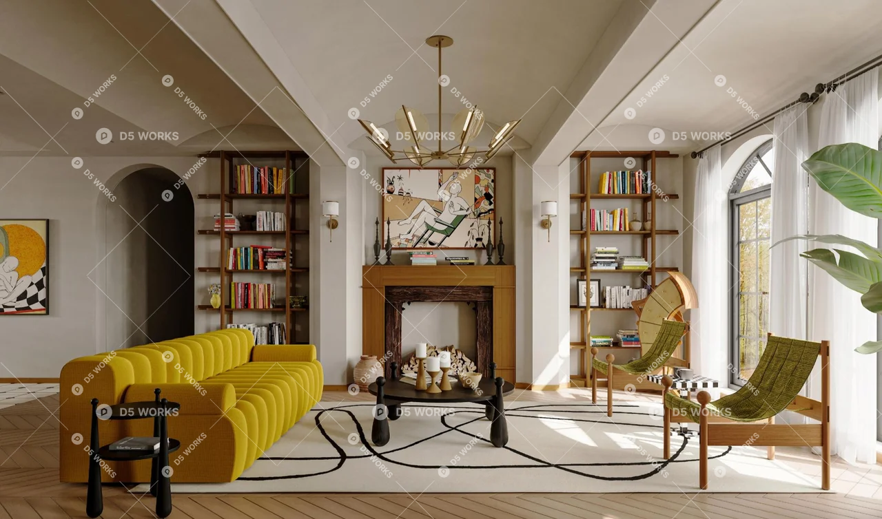 Mid-Century Modern Living & Dining Room 3d model thumbnail 3