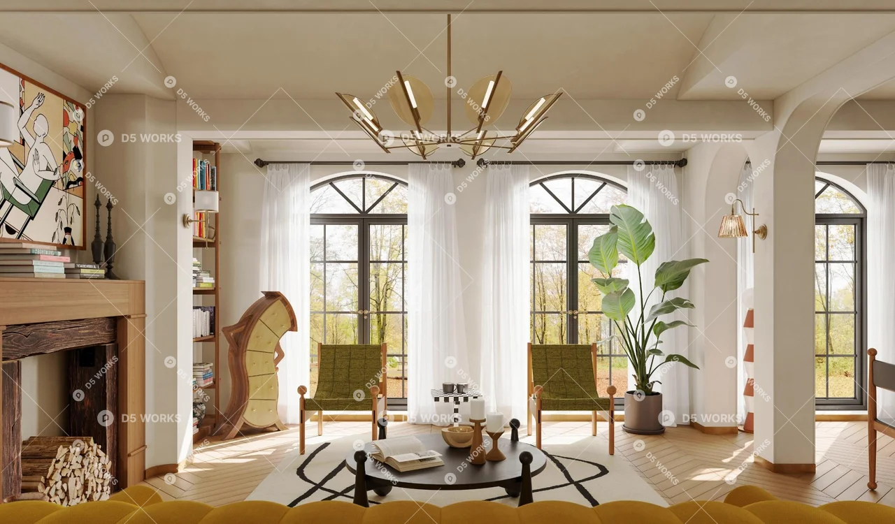 Mid-Century Modern Living & Dining Room 3d model thumbnail 4