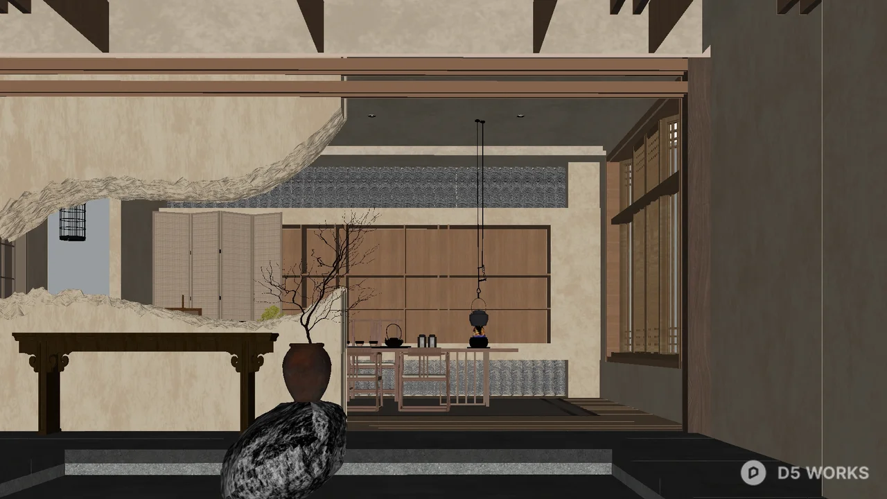 Minimalist Tea Room With Wooden Screen And Stone Basin 3d model - Image 1