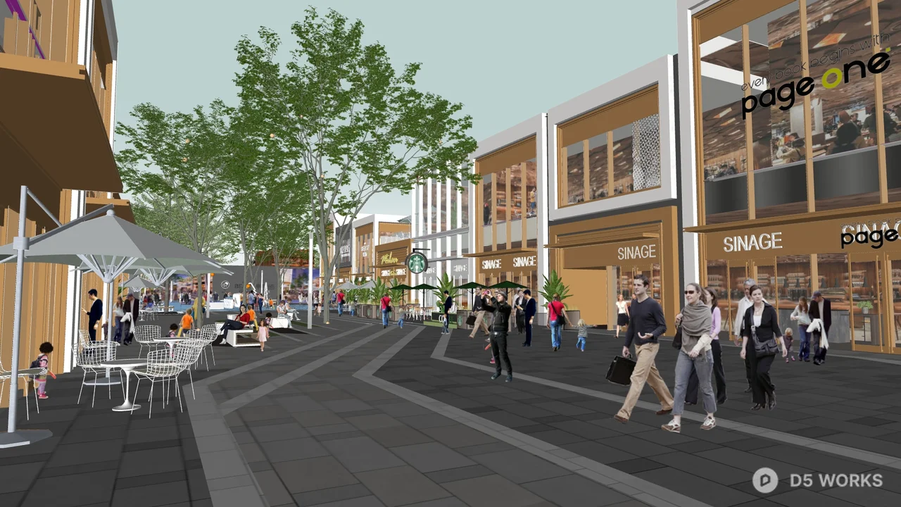Urban Pedestrian Street With Outdoor Seating And Retail Facades 3d model - Image 1