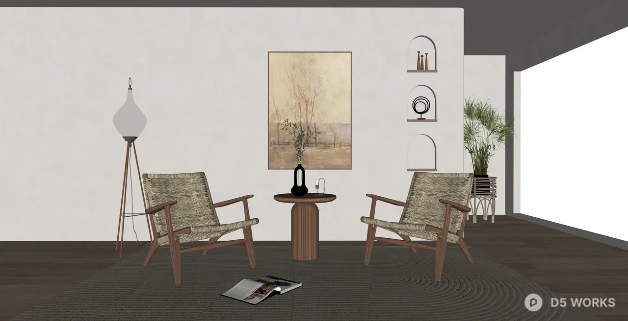 Mid-Century Woven Rattan Lounge Chair Set 3d model thumbnail 2
