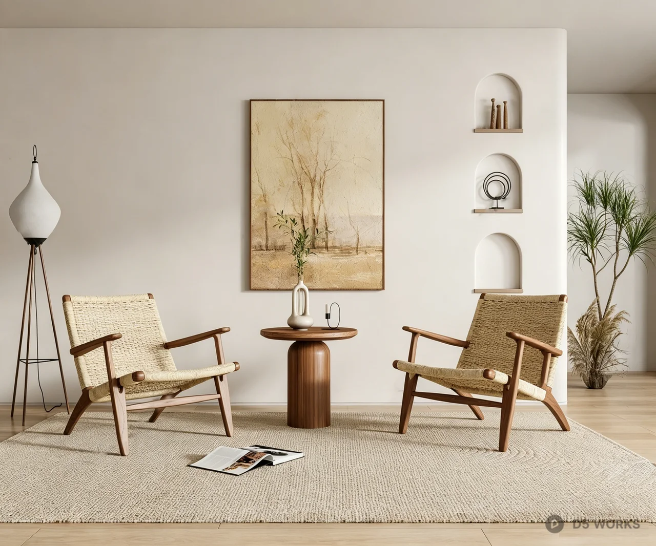 Mid-Century Woven Rattan Lounge Chair Set 3d model - Image 1