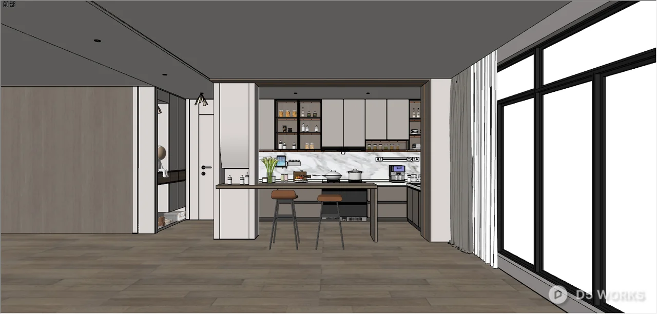 Free Modern Open Kitchen With Island And Bar Stools 3D Model .skp