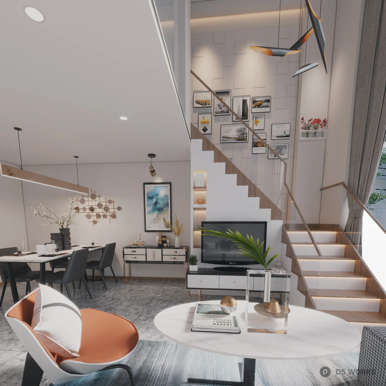 Modern Loft Style Living Dining Space 3d model thumbnail 2