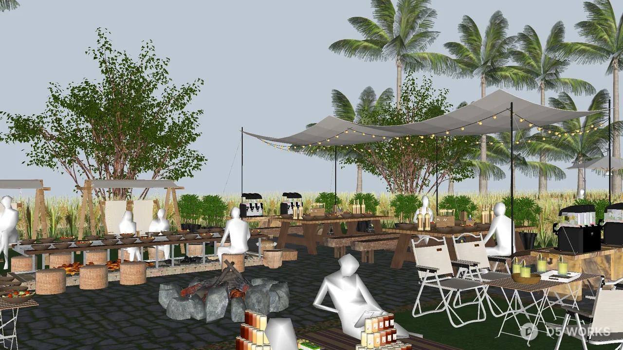 Tropical Glamping Site With Fire Pit And Canopy 3d model thumbnail 2