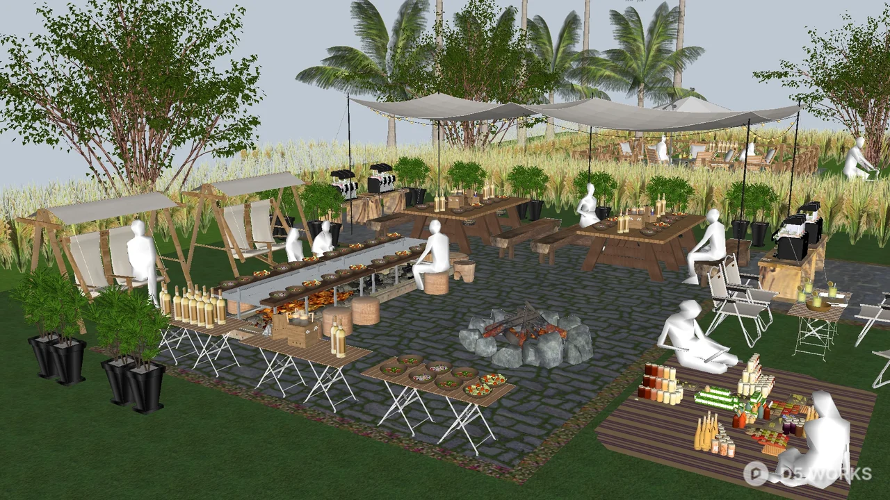 Tropical Glamping Site With Fire Pit And Canopy 3d model - Image 1