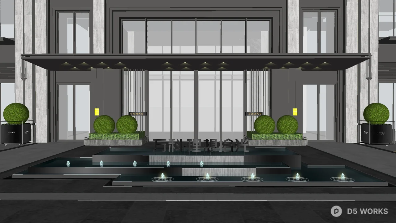 Modern Pedestrian Street Rest Area With Umbrellas And Greenery 3d model thumbnail 4