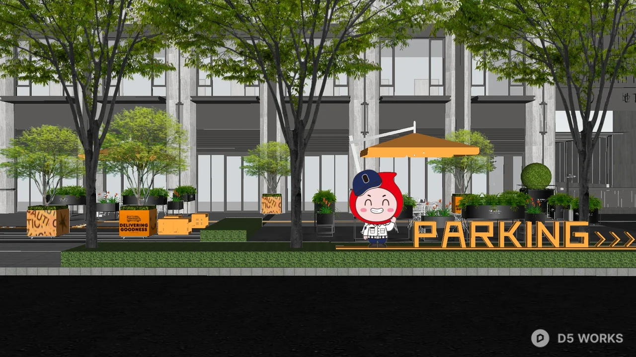 Modern Pedestrian Street Rest Area With Umbrellas And Greenery 3d model thumbnail 3