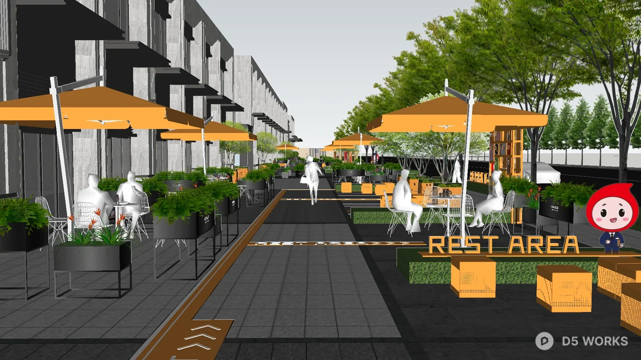 Modern Pedestrian Street Rest Area With Umbrellas And Greenery 3d model - Image 1