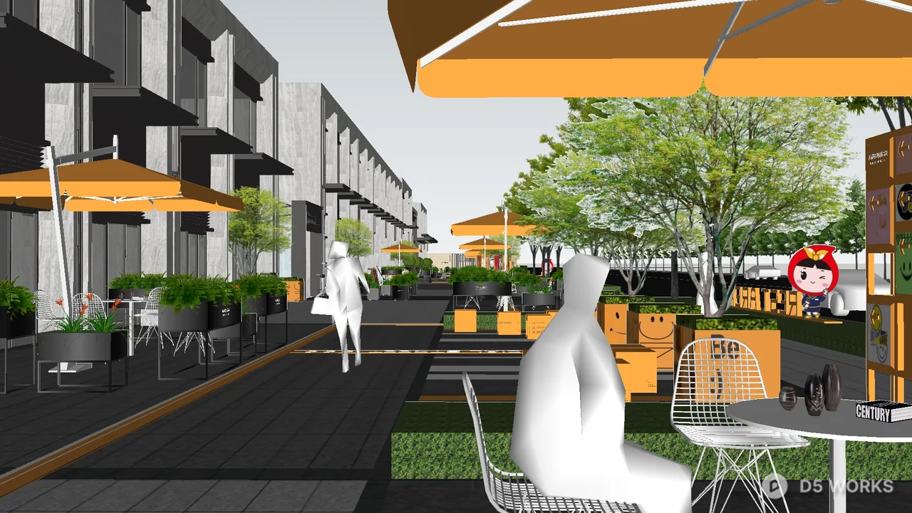 Modern Pedestrian Street Rest Area With Umbrellas And Greenery 3d model thumbnail 2