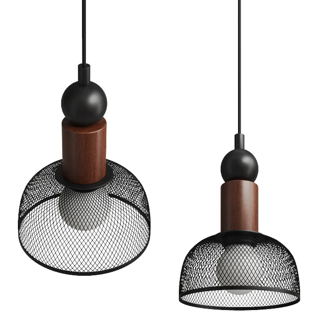Industrial Mesh Pendant Light with Wood Accents 3d model