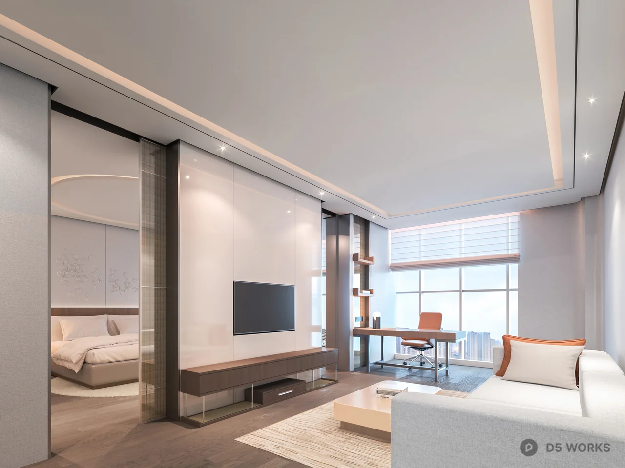 Modern Minimalist Living Room with Integrated TV Wall 3d model - Image 1