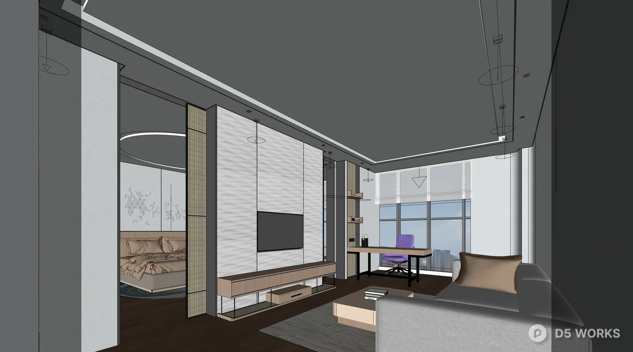 Modern Minimalist Living Room with Integrated TV Wall 3d model thumbnail 2