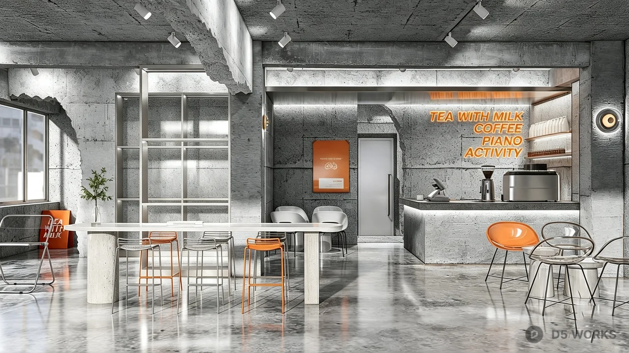 Industrial Concrete Cafe Interior Scene 3d model - Image 1