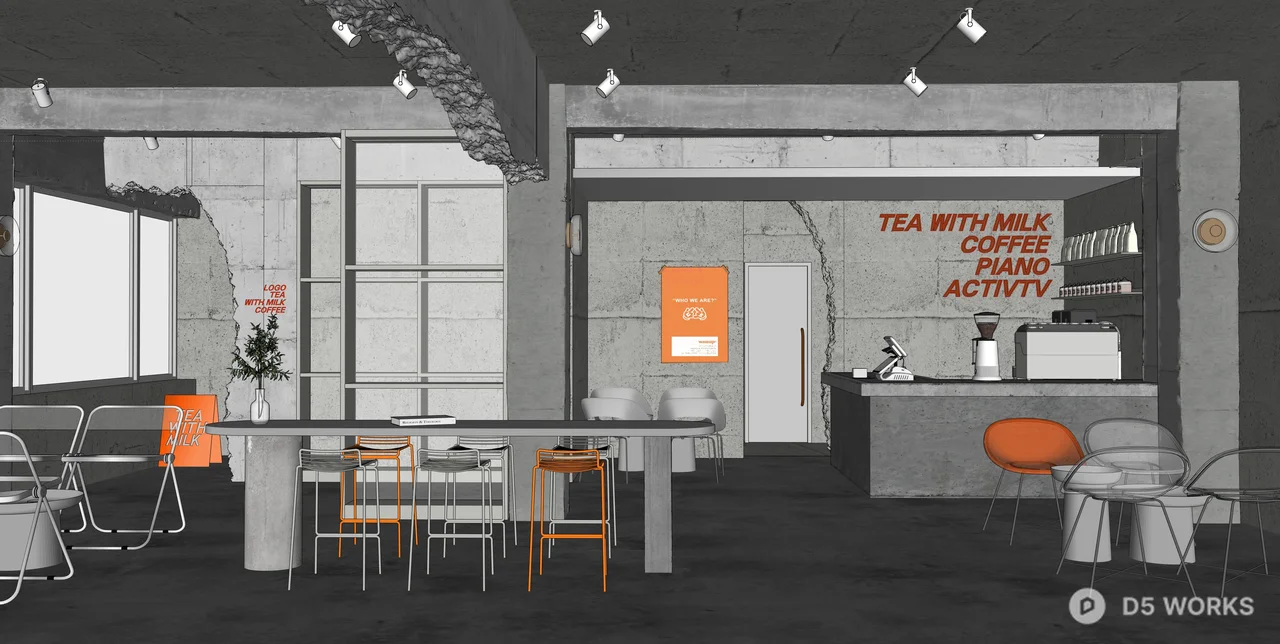 Industrial Concrete Cafe Interior Scene 3d model thumbnail 2