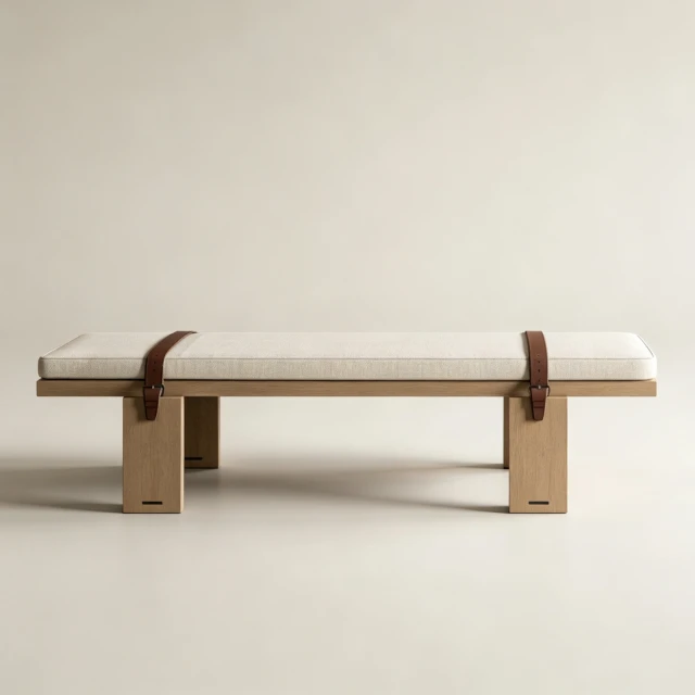 Minimalist Oak Wood Bench with Leather Straps 3d model