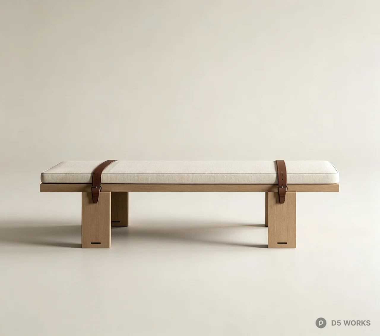 Minimalist Oak Wood Bench with Leather Straps 3d model - Image 1