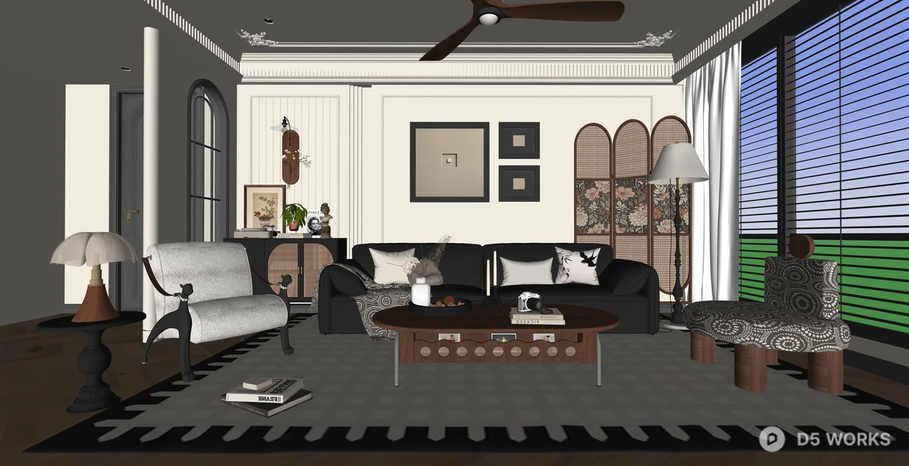 Eclectic Neo-Classical Living Room Interior Scene 3d model thumbnail 2