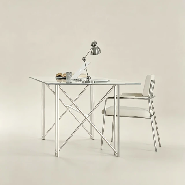 Modern Industrial Glass Desk and Chrome Chair Set 3d model
